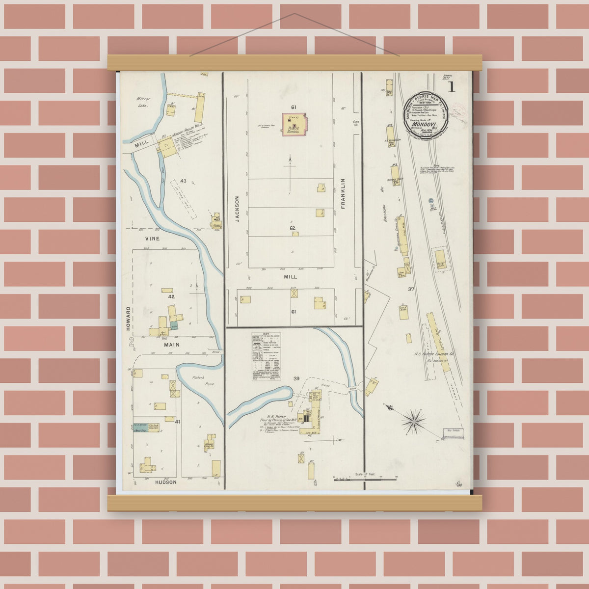 Old map wall art mockup — magnetic wood frame on brick wall — Sanborn Fire Insurance Map from Mondovi, Buffalo County, Wisconsin (1894) - Complete Map Set