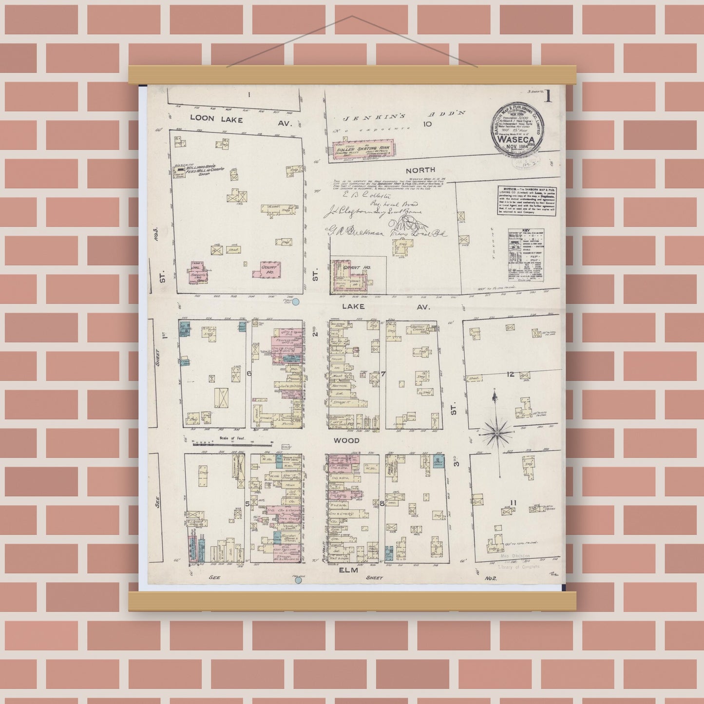 Old map wall art mockup — magnetic wood frame on brick wall — Sanborn Fire Insurance Map from Waseca, Waseca County, Minnesota (1884) - Complete Map Set