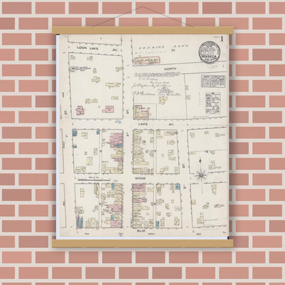 Old map wall art mockup — magnetic wood frame on brick wall — Sanborn Fire Insurance Map from Waseca, Waseca County, Minnesota (1884) - Complete Map Set