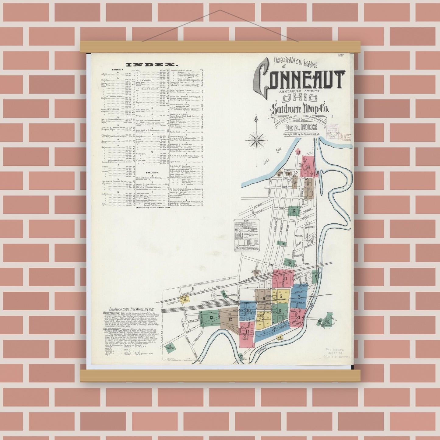Old map wall art mockup — magnetic wood frame on brick wall — Sanborn Fire Insurance Map from Conneaut, Ashtabula County, Ohio (1902) - Complete Map Set
