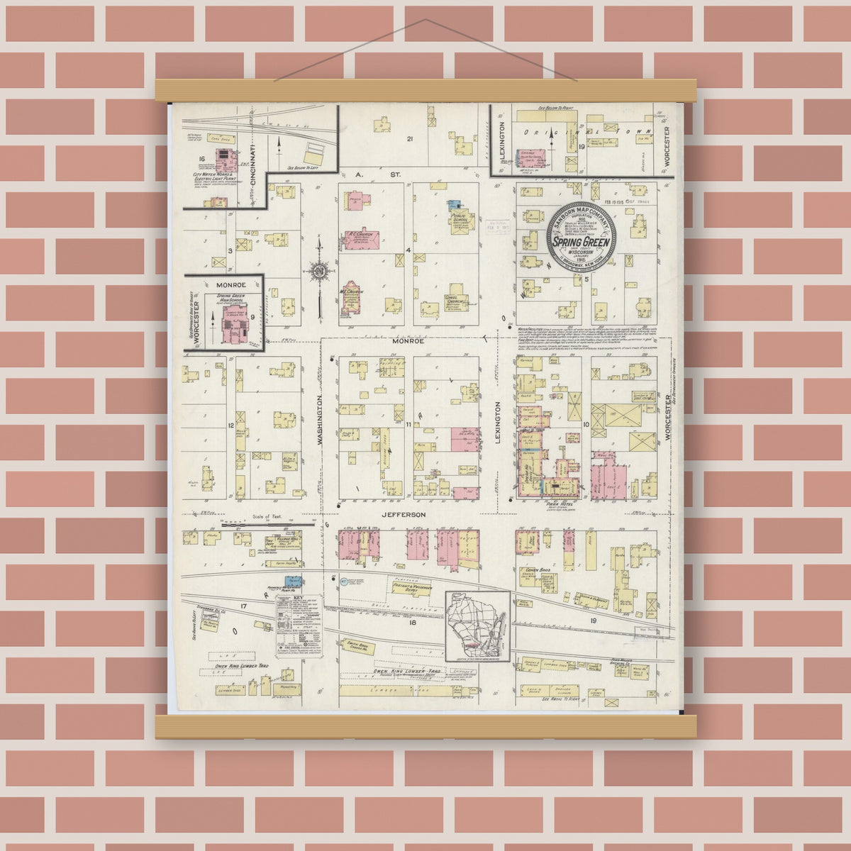 Old map wall art mockup — magnetic wood frame on brick wall — Sanborn Fire Insurance Map from Spring Green, Sauk County, Wisconsin (1915), Sheet #0001