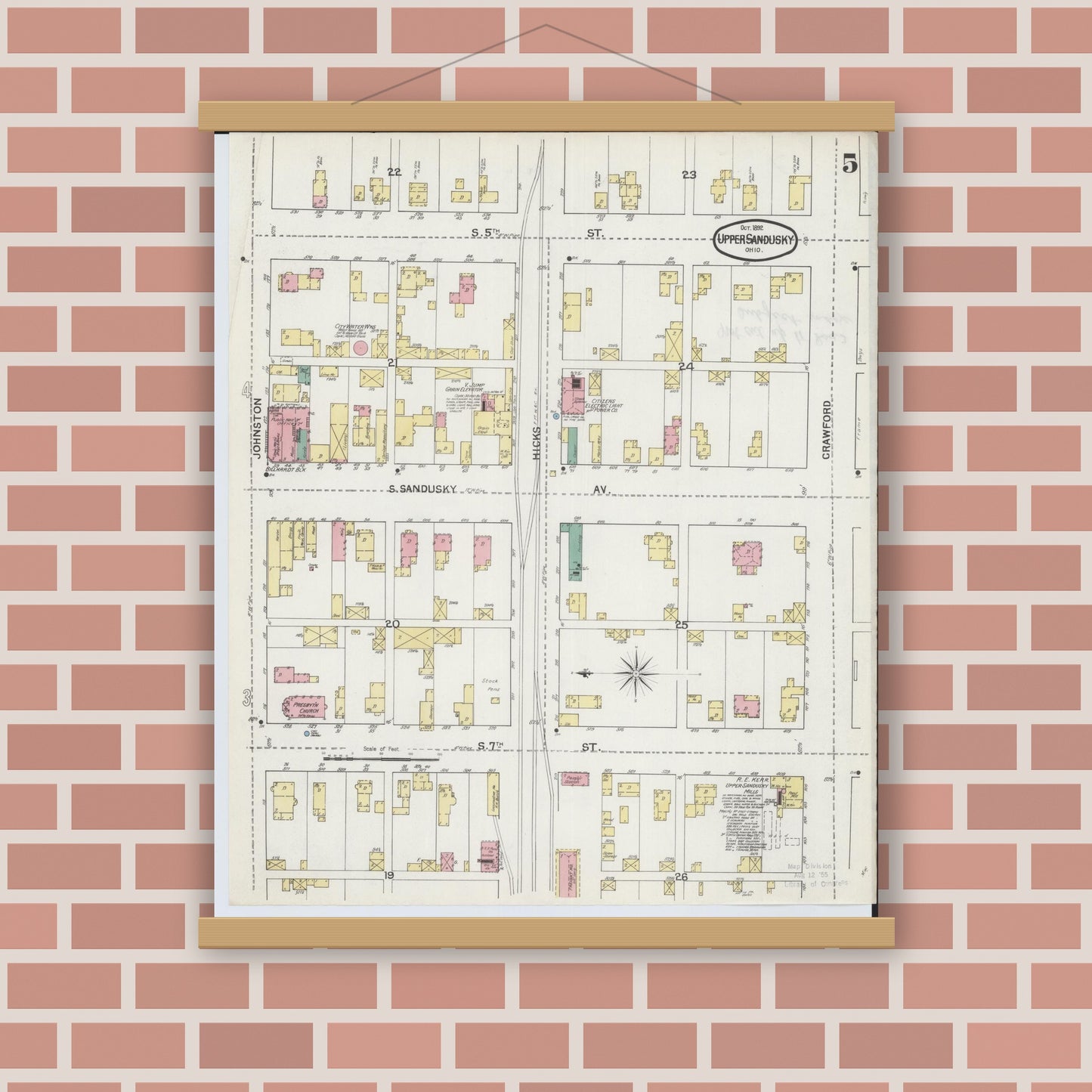 Old map wall art mockup — magnetic wood frame on brick wall — Sanborn Fire Insurance Map from Upper Sandusky, Wyandot County, Ohio (1892), Sheet #0005
