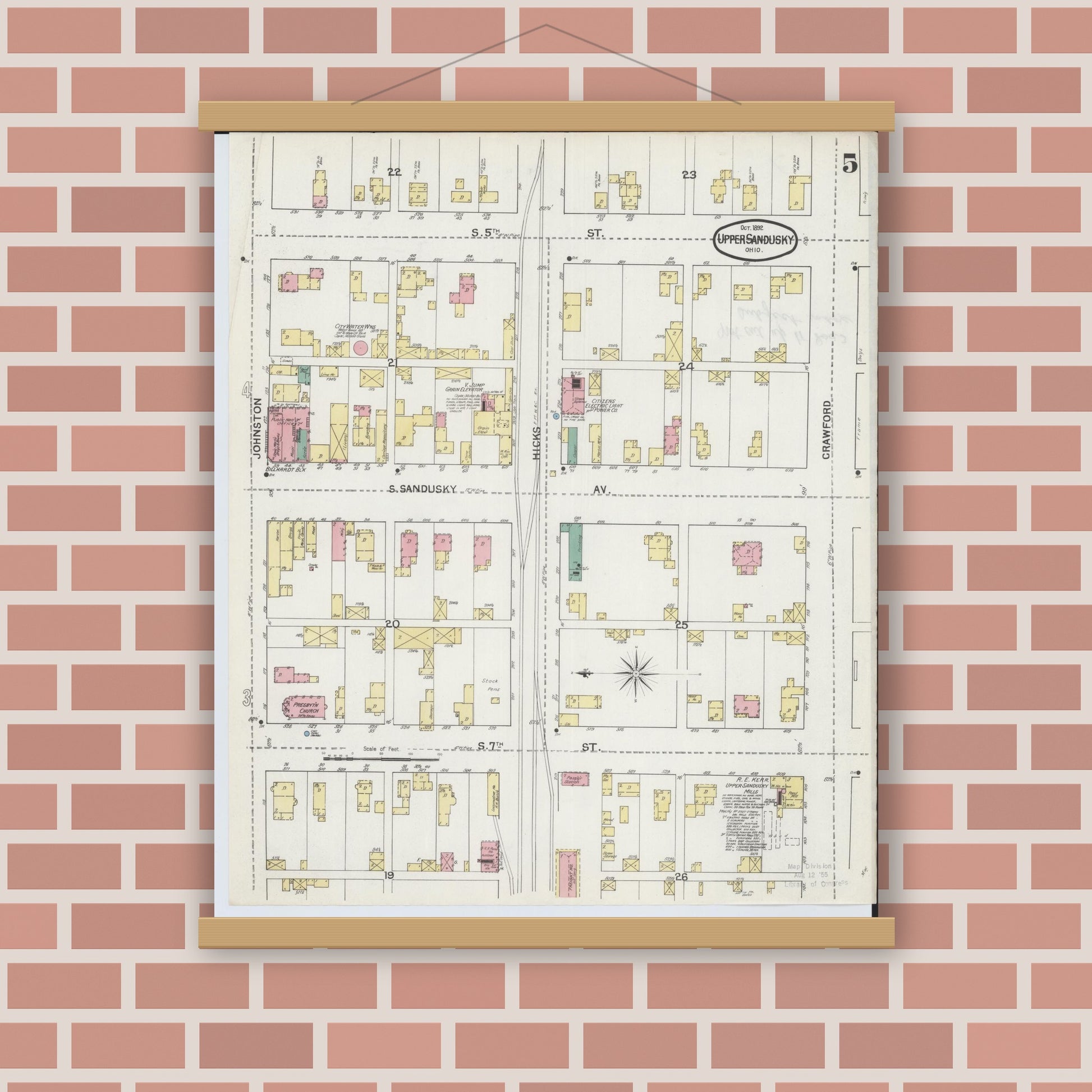 Old map wall art mockup — magnetic wood frame on brick wall — Sanborn Fire Insurance Map from Upper Sandusky, Wyandot County, Ohio (1892), Sheet #0005