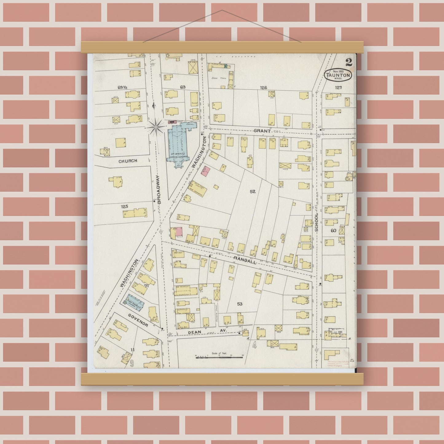 Old map wall art mockup — magnetic wood frame on brick wall — Sanborn Fire Insurance Map from Taunton, Bristol County, Massachusetts (1893), Sheet #0002