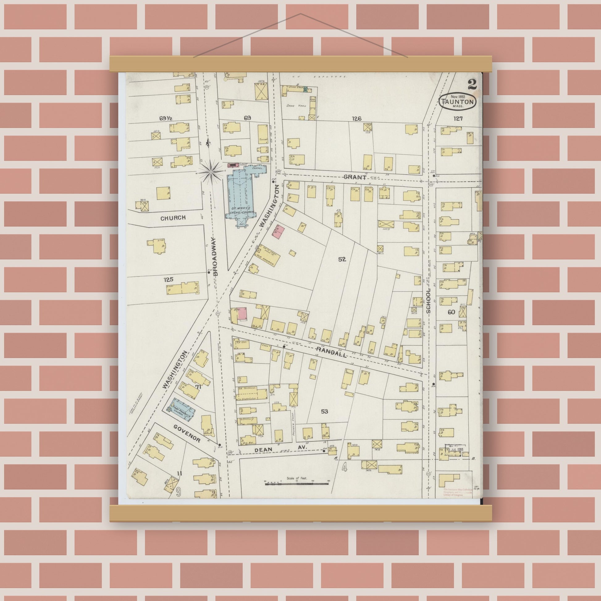 Old map wall art mockup — magnetic wood frame on brick wall — Sanborn Fire Insurance Map from Taunton, Bristol County, Massachusetts (1893), Sheet #0002