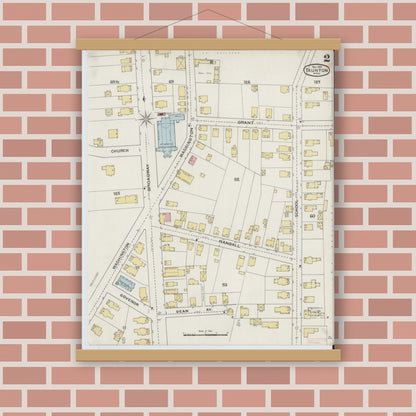 Old map wall art mockup — magnetic wood frame on brick wall — Sanborn Fire Insurance Map from Taunton, Bristol County, Massachusetts (1893), Sheet #0002