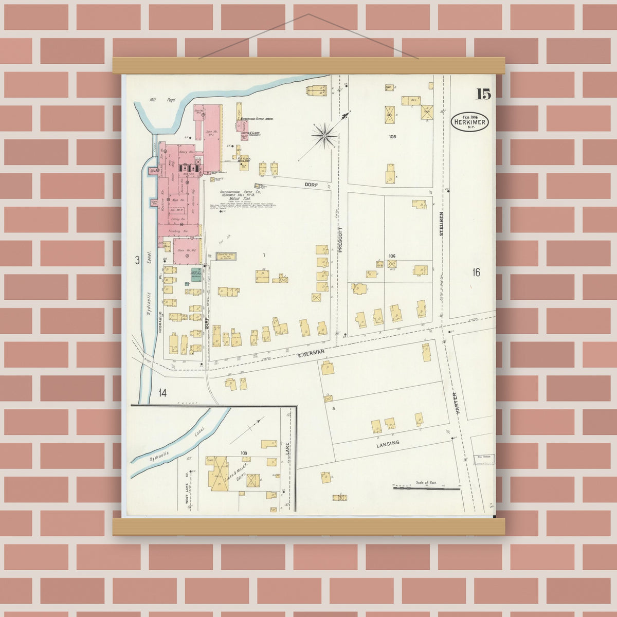 Old map wall art mockup — magnetic wood frame on brick wall — Sanborn Fire Insurance Map from Herkimer, Herkimer County, New York (1906), Sheet #0015