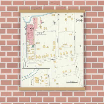 Old map wall art mockup — magnetic wood frame on brick wall — Sanborn Fire Insurance Map from Herkimer, Herkimer County, New York (1906), Sheet #0015