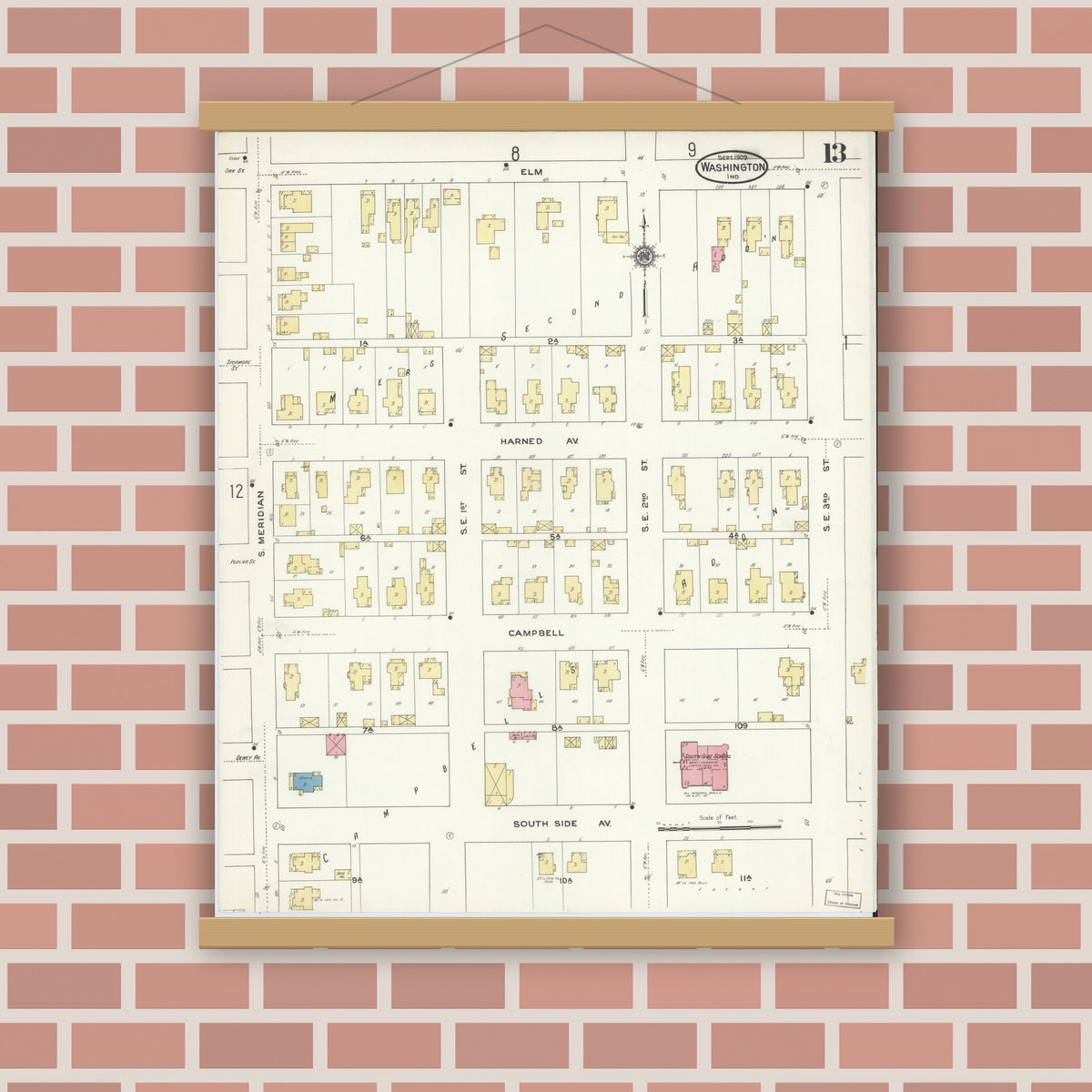 Old map wall art mockup — magnetic wood frame on brick wall — Sanborn Fire Insurance Map from Washington, Daviess County, Indiana (1909), Sheet #0013