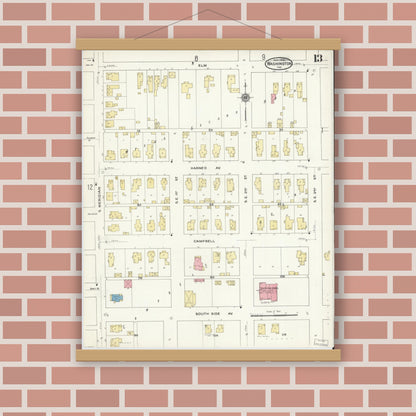 Old map wall art mockup — magnetic wood frame on brick wall — Sanborn Fire Insurance Map from Washington, Daviess County, Indiana (1909), Sheet #0013