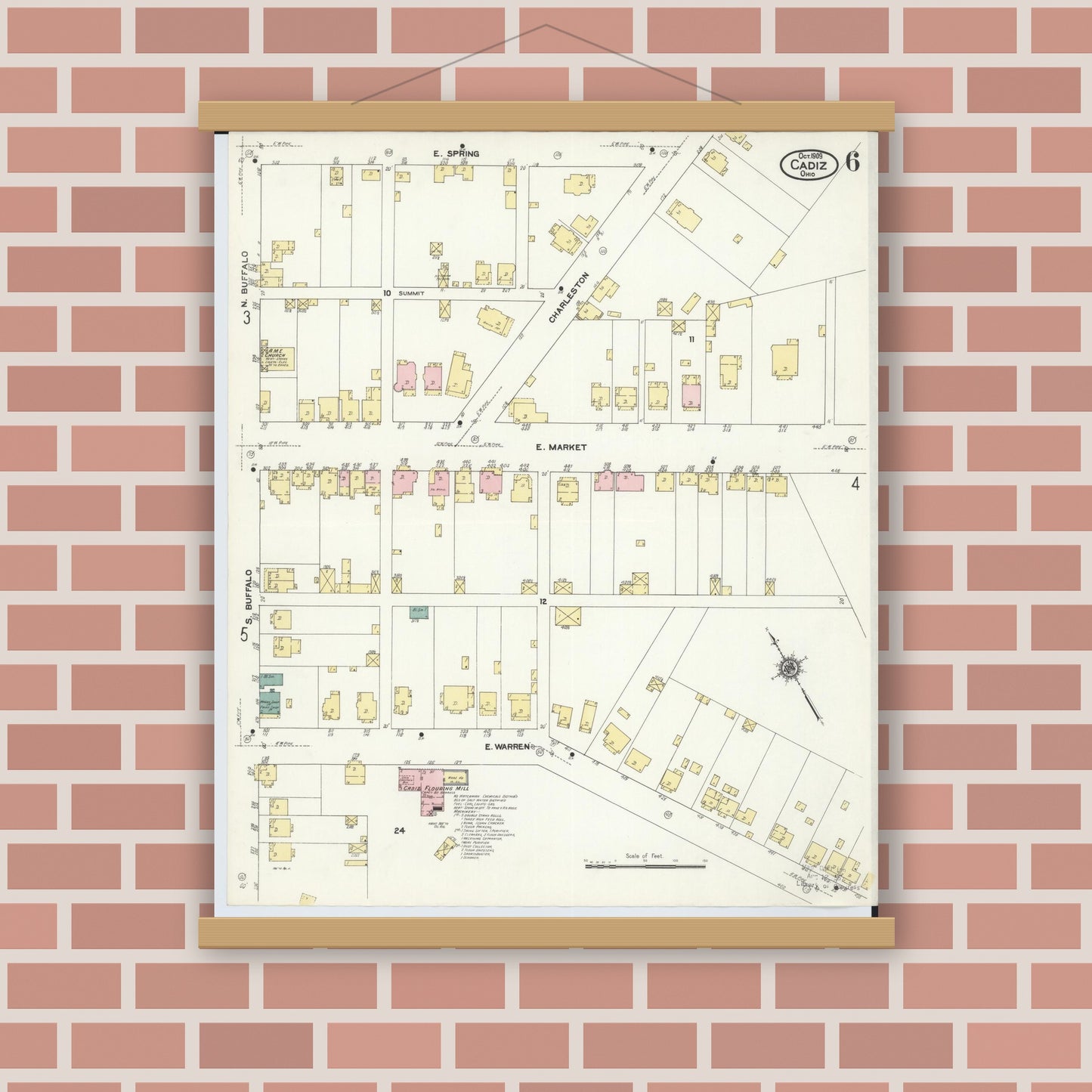 Old map wall art mockup — magnetic wood frame on brick wall — Sanborn Fire Insurance Map from Cadiz, Harrison County, Ohio (1909), Sheet #0006