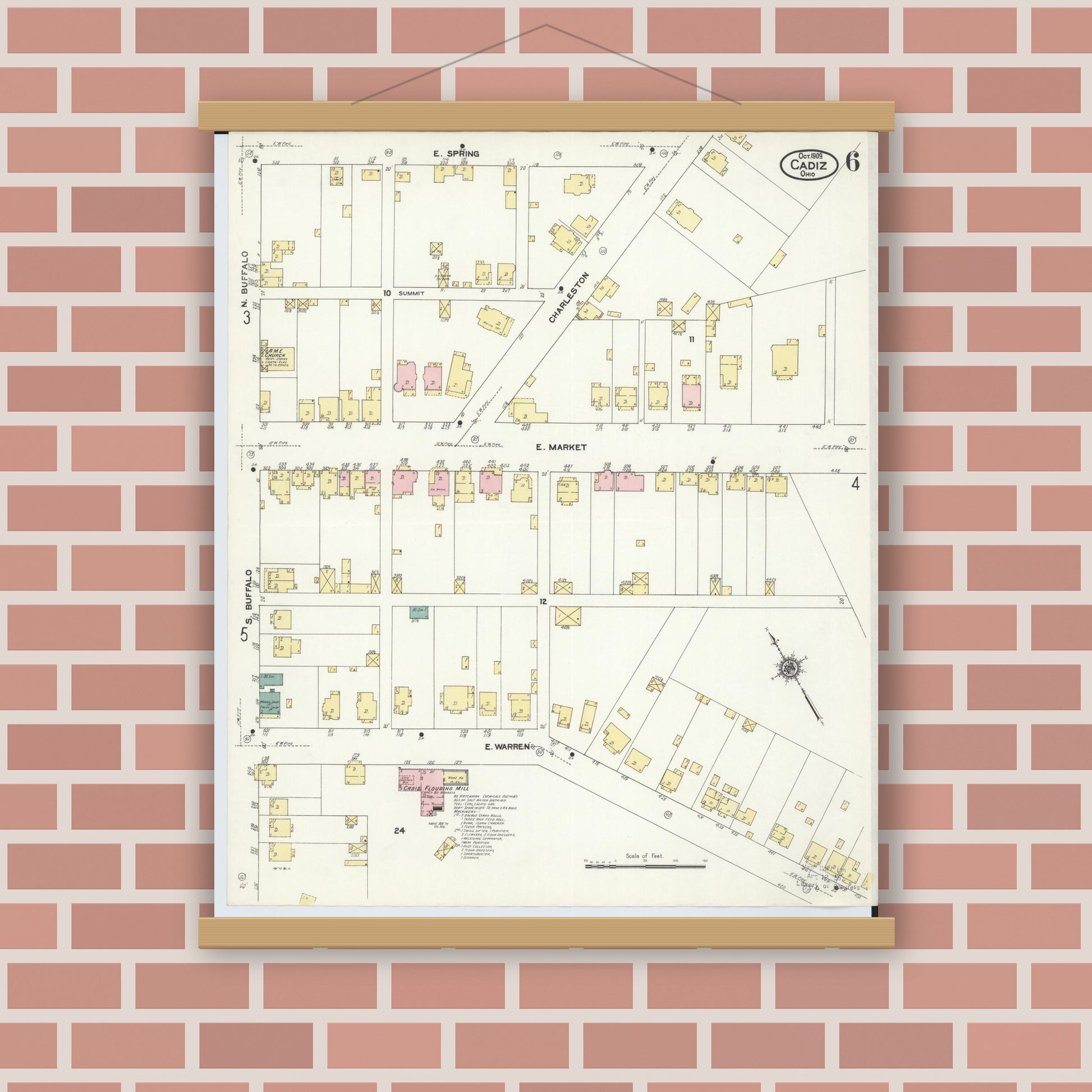 Old map wall art mockup — magnetic wood frame on brick wall — Sanborn Fire Insurance Map from Cadiz, Harrison County, Ohio (1909), Sheet #0006