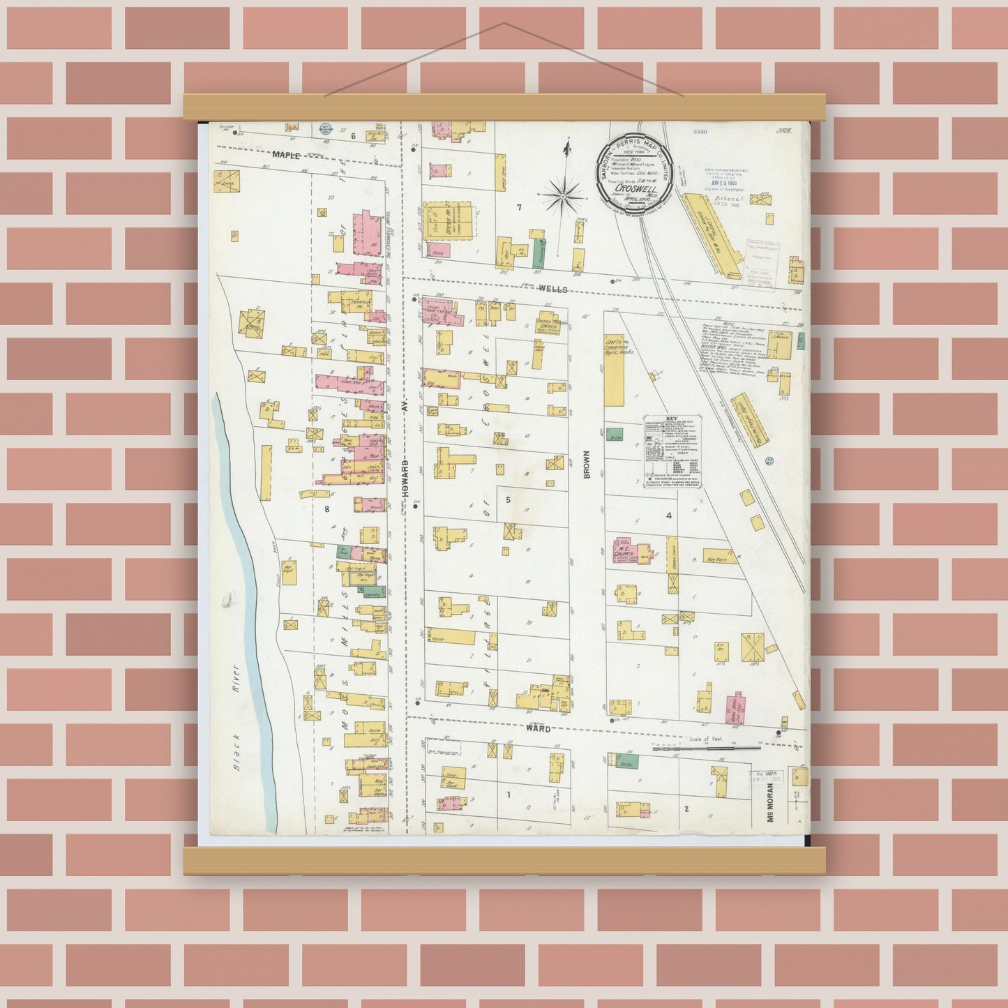 Old map wall art mockup — magnetic wood frame on brick wall — Sanborn Fire Insurance Map from Croswell, Sanilac County, Michigan (1900), Sheet #0001