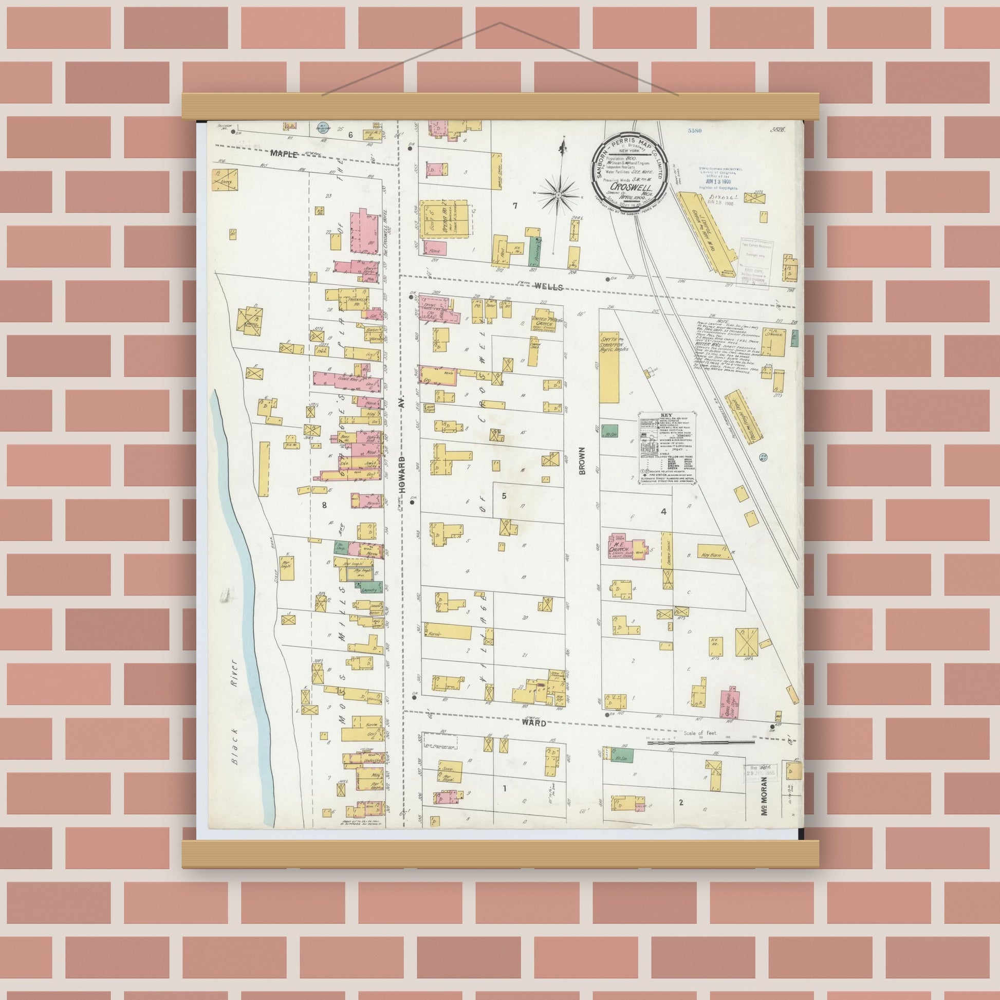 Old map wall art mockup — magnetic wood frame on brick wall — Sanborn Fire Insurance Map from Croswell, Sanilac County, Michigan (1900), Sheet #0001