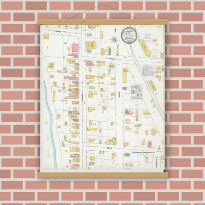 Old map wall art mockup — magnetic wood frame on brick wall — Sanborn Fire Insurance Map from Croswell, Sanilac County, Michigan (1900), Sheet #0001