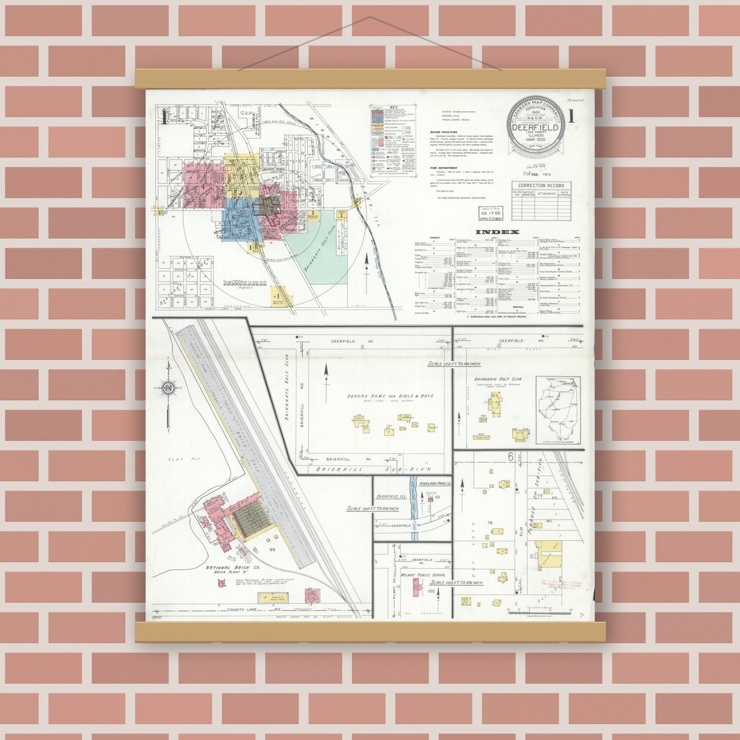 Old map wall art mockup — magnetic wood frame on brick wall — Sanborn Fire Insurance Map from Deerfield, Lake County, Illinois (1935) - Complete Map Set