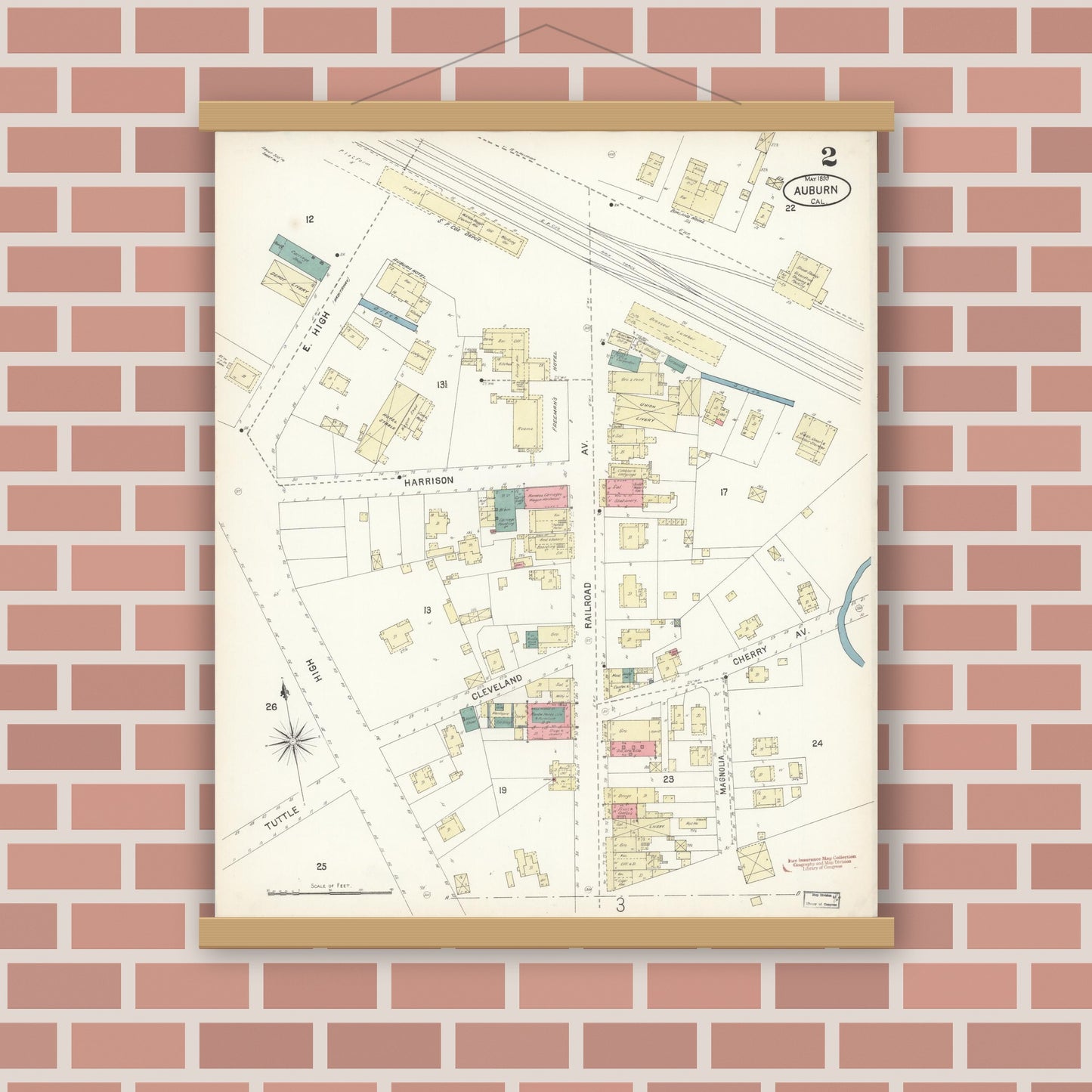 Old map wall art mockup — magnetic wood frame on brick wall — Sanborn Fire Insurance Map from Auburn, Placer County, California (1899), Sheet #0002