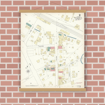 Old map wall art mockup — magnetic wood frame on brick wall — Sanborn Fire Insurance Map from Auburn, Placer County, California (1899), Sheet #0002