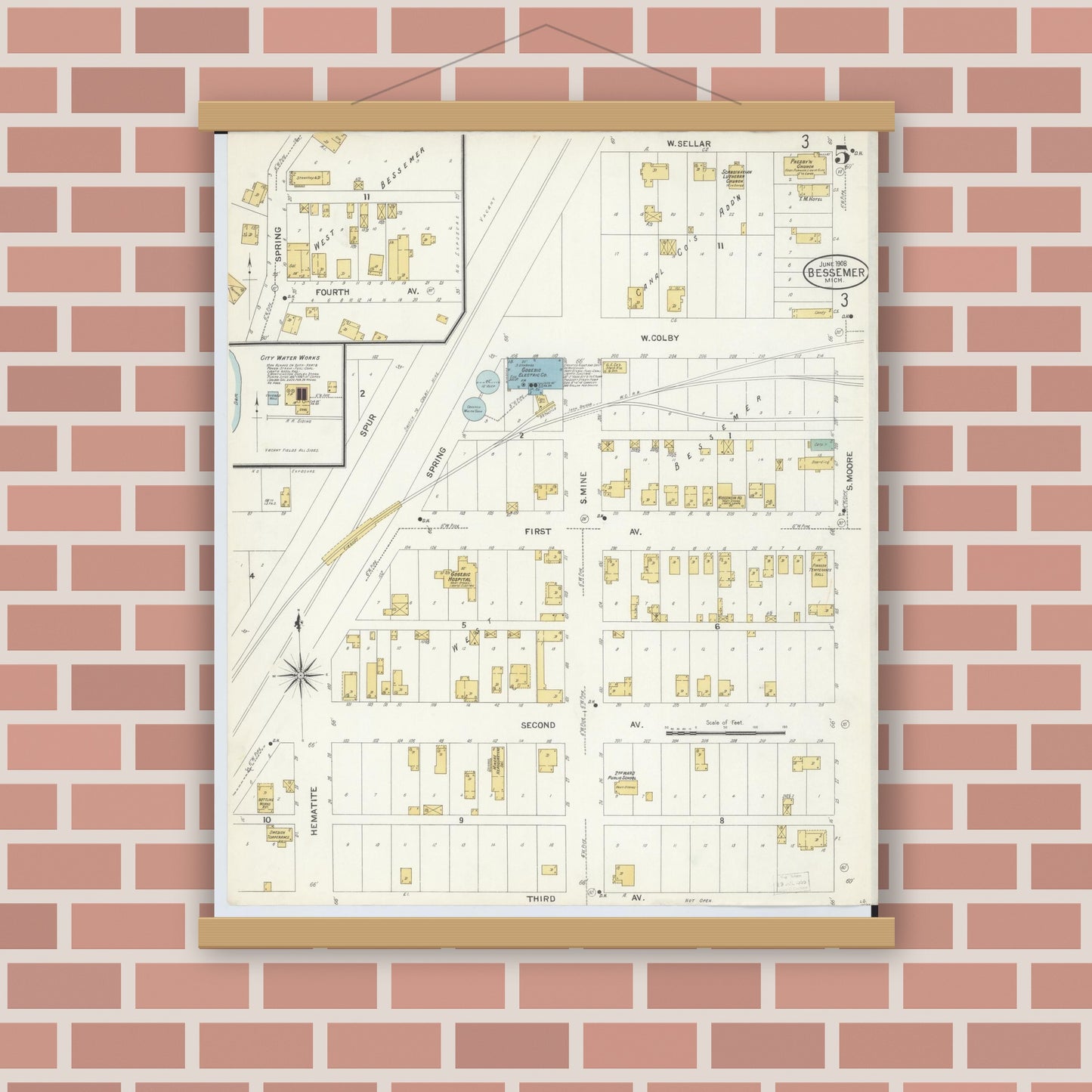 Old map wall art mockup — magnetic wood frame on brick wall — Sanborn Fire Insurance Map from Bessemer, Gogebic County, Michigan (1908), Sheet #0005