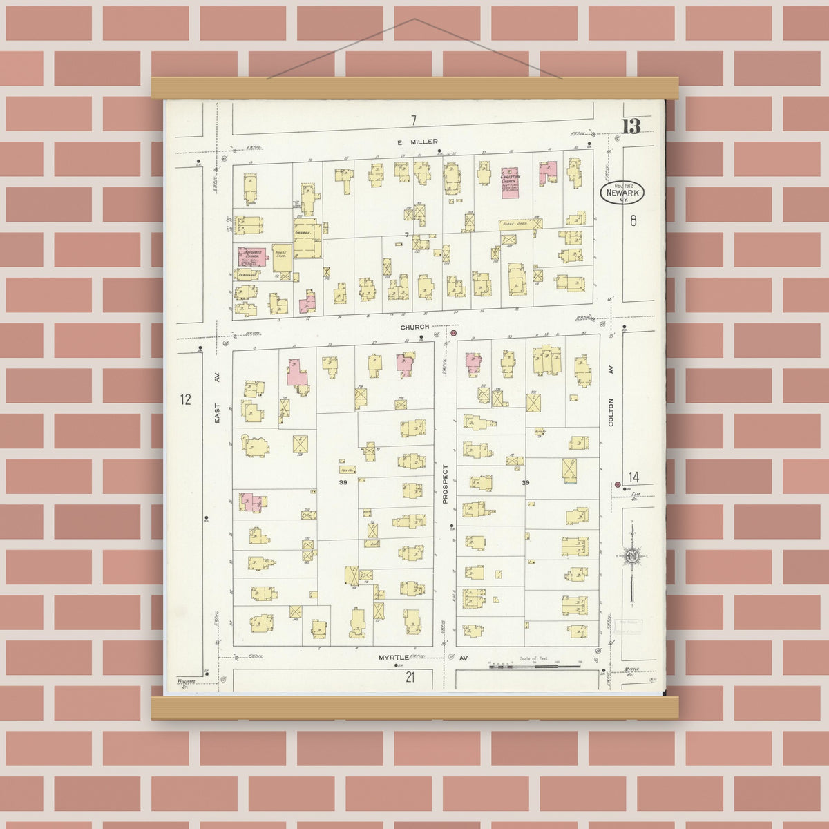 Old map wall art mockup — magnetic wood frame on brick wall — Sanborn Fire Insurance Map from Newark, Wayne County, New York (1912), Sheet #0013