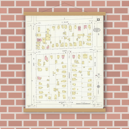 Old map wall art mockup — magnetic wood frame on brick wall — Sanborn Fire Insurance Map from Newark, Wayne County, New York (1912), Sheet #0013