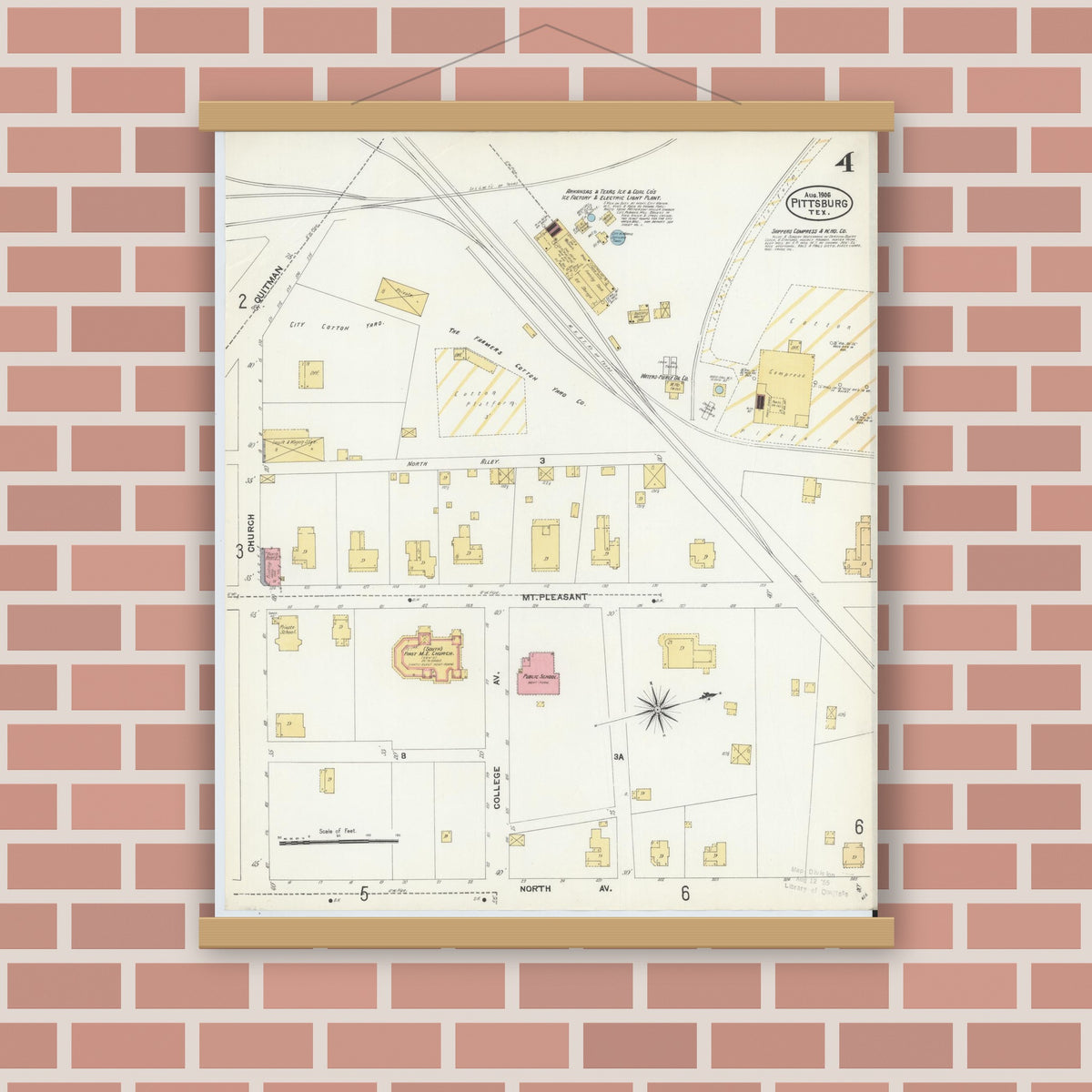 Old map wall art mockup — magnetic wood frame on brick wall — Sanborn Fire Insurance Map from Pittsburg, Camp County, Texas (1906), Sheet #0004