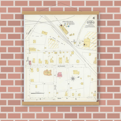 Old map wall art mockup — magnetic wood frame on brick wall — Sanborn Fire Insurance Map from Pittsburg, Camp County, Texas (1906), Sheet #0004