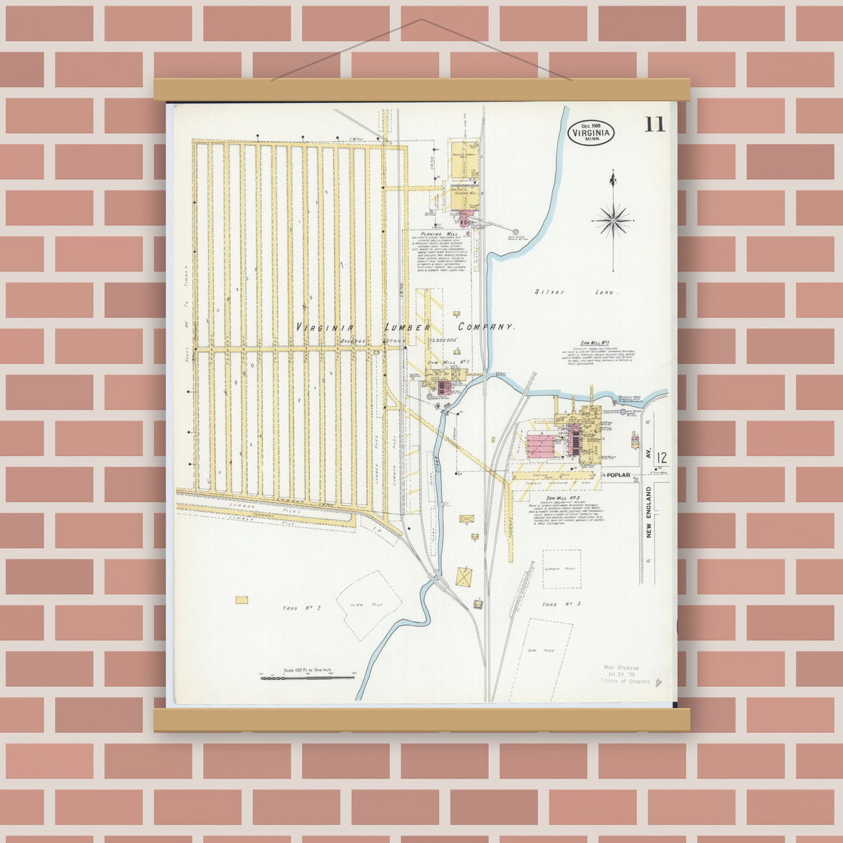 Old map wall art mockup — magnetic wood frame on brick wall — Sanborn Fire Insurance Map from Virginia, Saint Louis County, Minnesota (1908), Sheet #0011