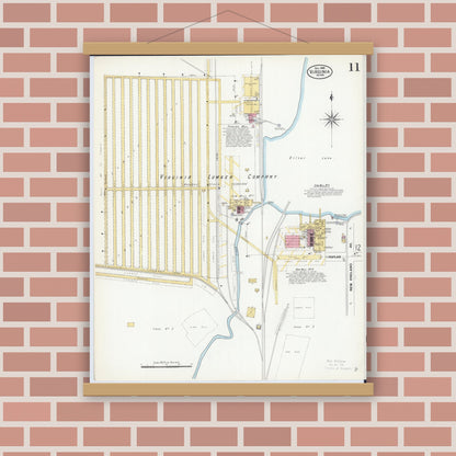 Old map wall art mockup — magnetic wood frame on brick wall — Sanborn Fire Insurance Map from Virginia, Saint Louis County, Minnesota (1908), Sheet #0011