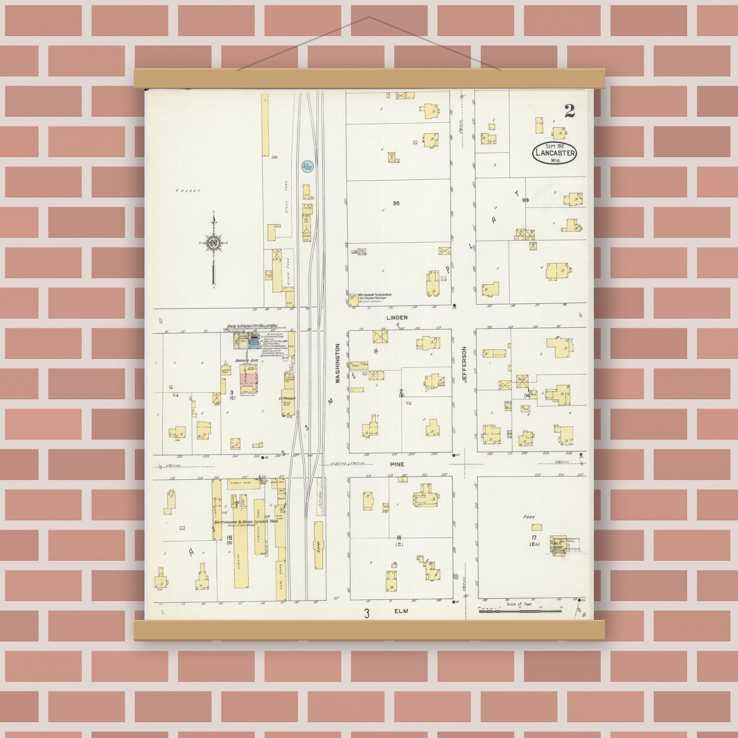 Old map wall art mockup — magnetic wood frame on brick wall — Sanborn Fire Insurance Map from Lancaster, Grant County, Wisconsin (1912), Sheet #0002