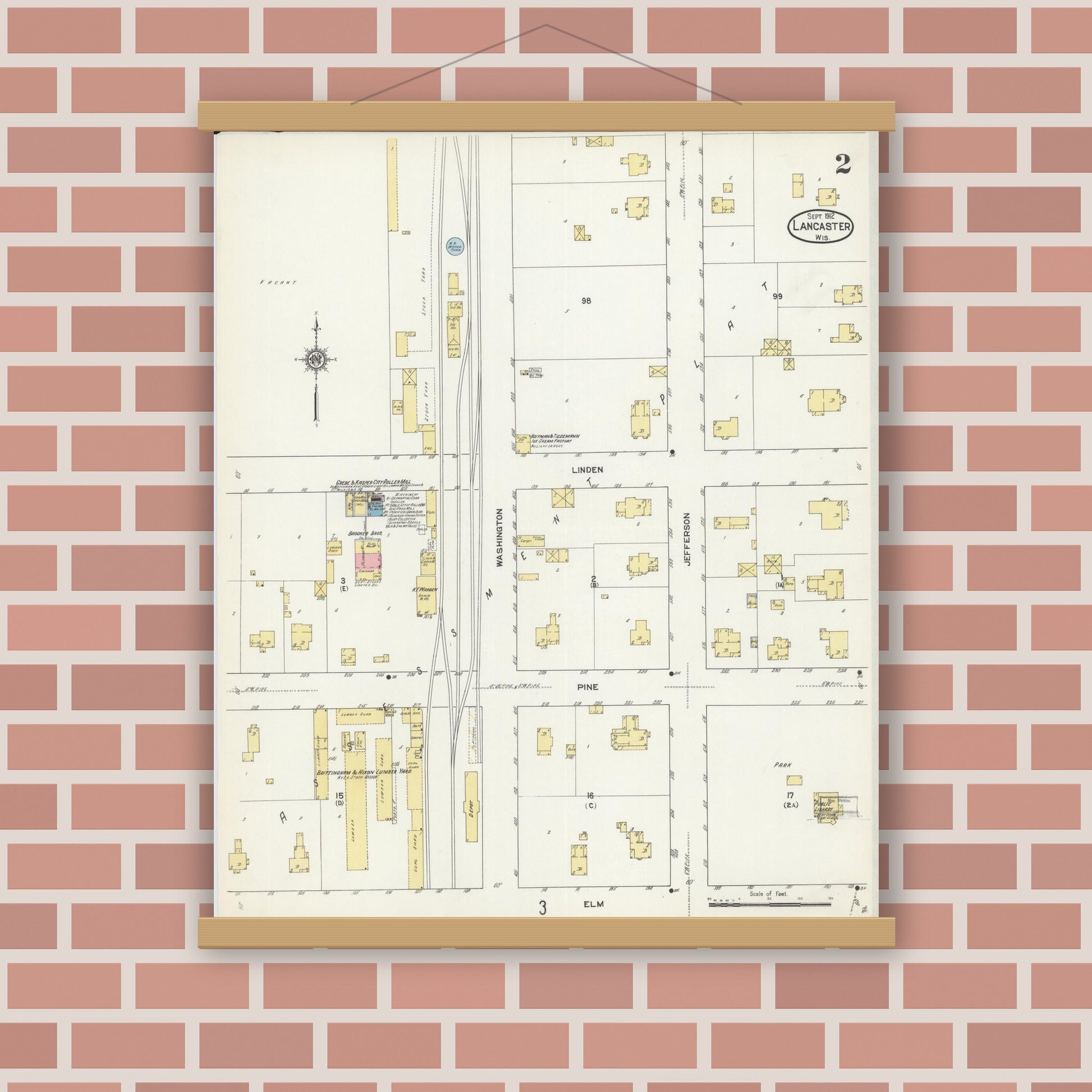 Old map wall art mockup — magnetic wood frame on brick wall — Sanborn Fire Insurance Map from Lancaster, Grant County, Wisconsin (1912), Sheet #0002