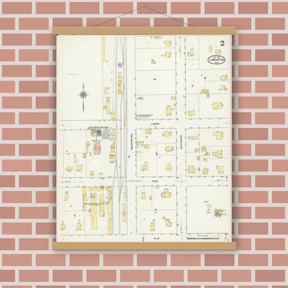 Old map wall art mockup — magnetic wood frame on brick wall — Sanborn Fire Insurance Map from Lancaster, Grant County, Wisconsin (1912), Sheet #0002