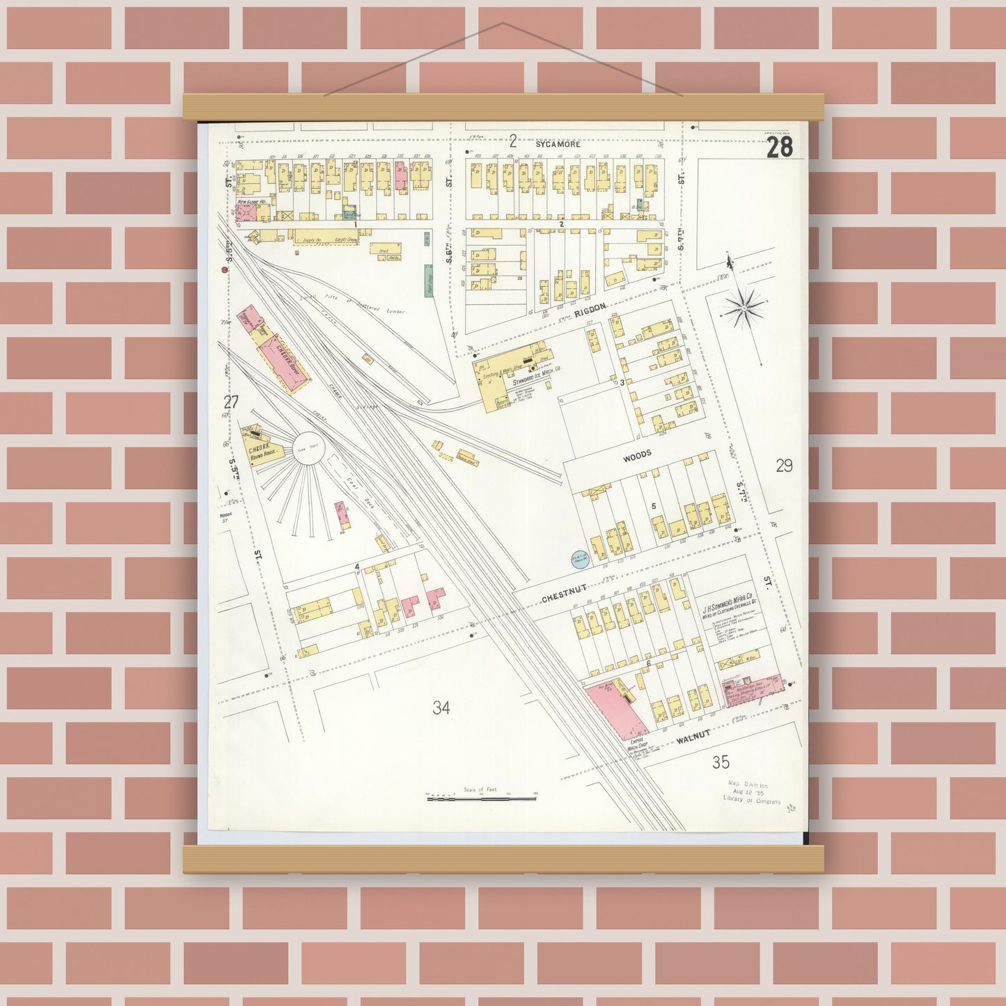 Old map wall art mockup — magnetic wood frame on brick wall — Sanborn Fire Insurance Map from Hamilton, Butler County, Ohio (1899), Sheet #0028