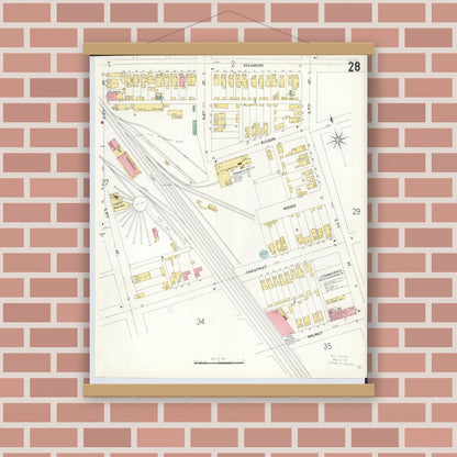 Old map wall art mockup — magnetic wood frame on brick wall — Sanborn Fire Insurance Map from Hamilton, Butler County, Ohio (1899), Sheet #0028