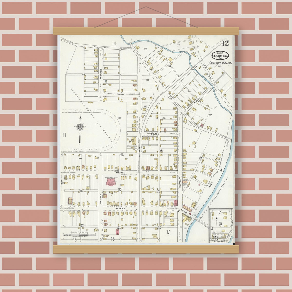 Old map wall art mockup — magnetic wood frame on brick wall — Sanborn Fire Insurance Map from Clearfield, Clearfield County, Pennsylvania (1917), Sheet #0012