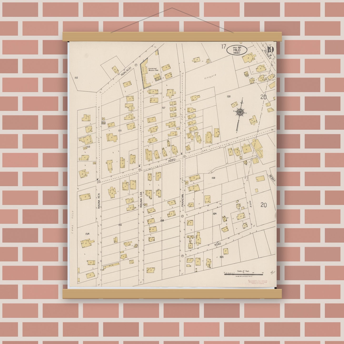 Old map wall art mockup — magnetic wood frame on brick wall — Sanborn Fire Insurance Map from Hilo, Hawaii County, Hawaii (1921), Sheet #0019