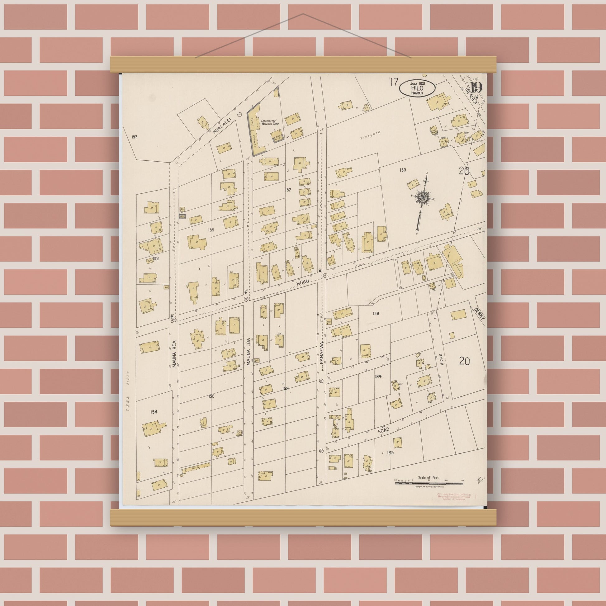 Old map wall art mockup — magnetic wood frame on brick wall — Sanborn Fire Insurance Map from Hilo, Hawaii County, Hawaii (1921), Sheet #0019
