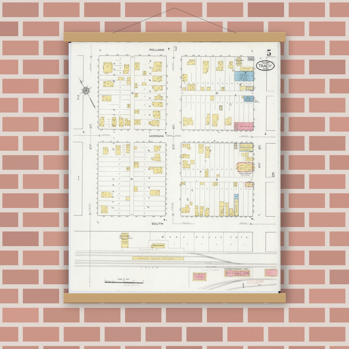Old map wall art mockup — magnetic wood frame on brick wall — Sanborn Fire Insurance Map from Tracy, Lyon County, Minnesota (1917), Sheet #0005
