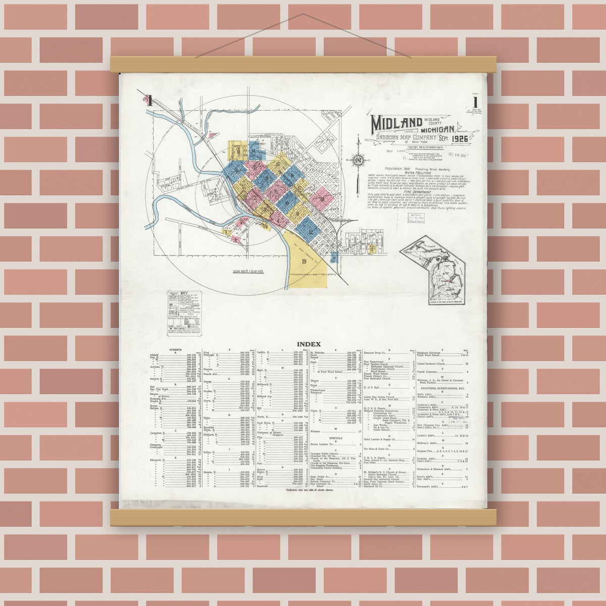 Old map wall art mockup — magnetic wood frame on brick wall — Sanborn Fire Insurance Map from Midland, Midland County, Michigan (1926), Sheet #0001
