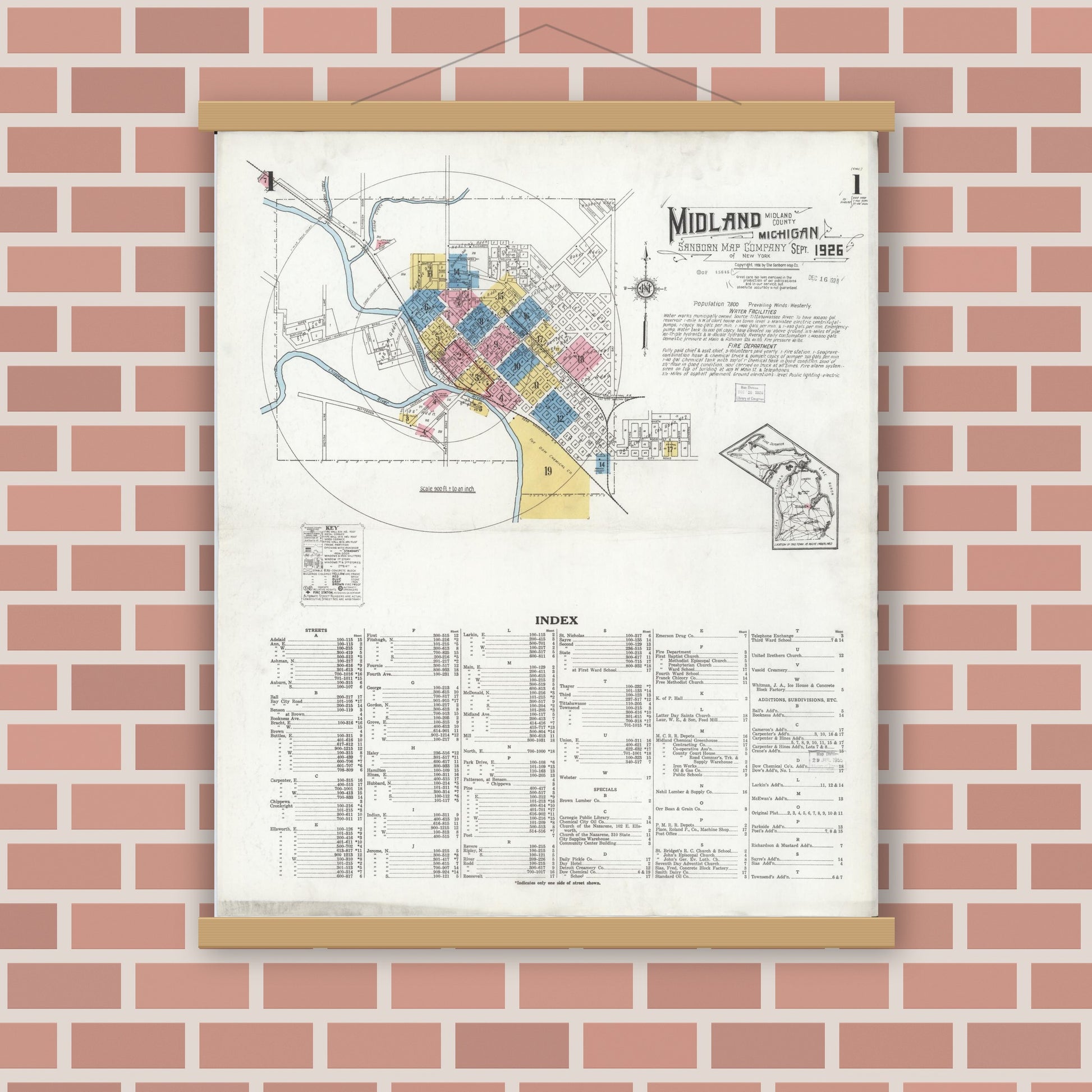 Old map wall art mockup — magnetic wood frame on brick wall — Sanborn Fire Insurance Map from Midland, Midland County, Michigan (1926), Sheet #0001