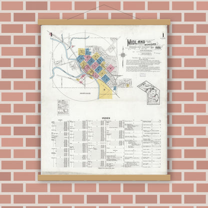 Old map wall art mockup — magnetic wood frame on brick wall — Sanborn Fire Insurance Map from Midland, Midland County, Michigan (1926), Sheet #0001
