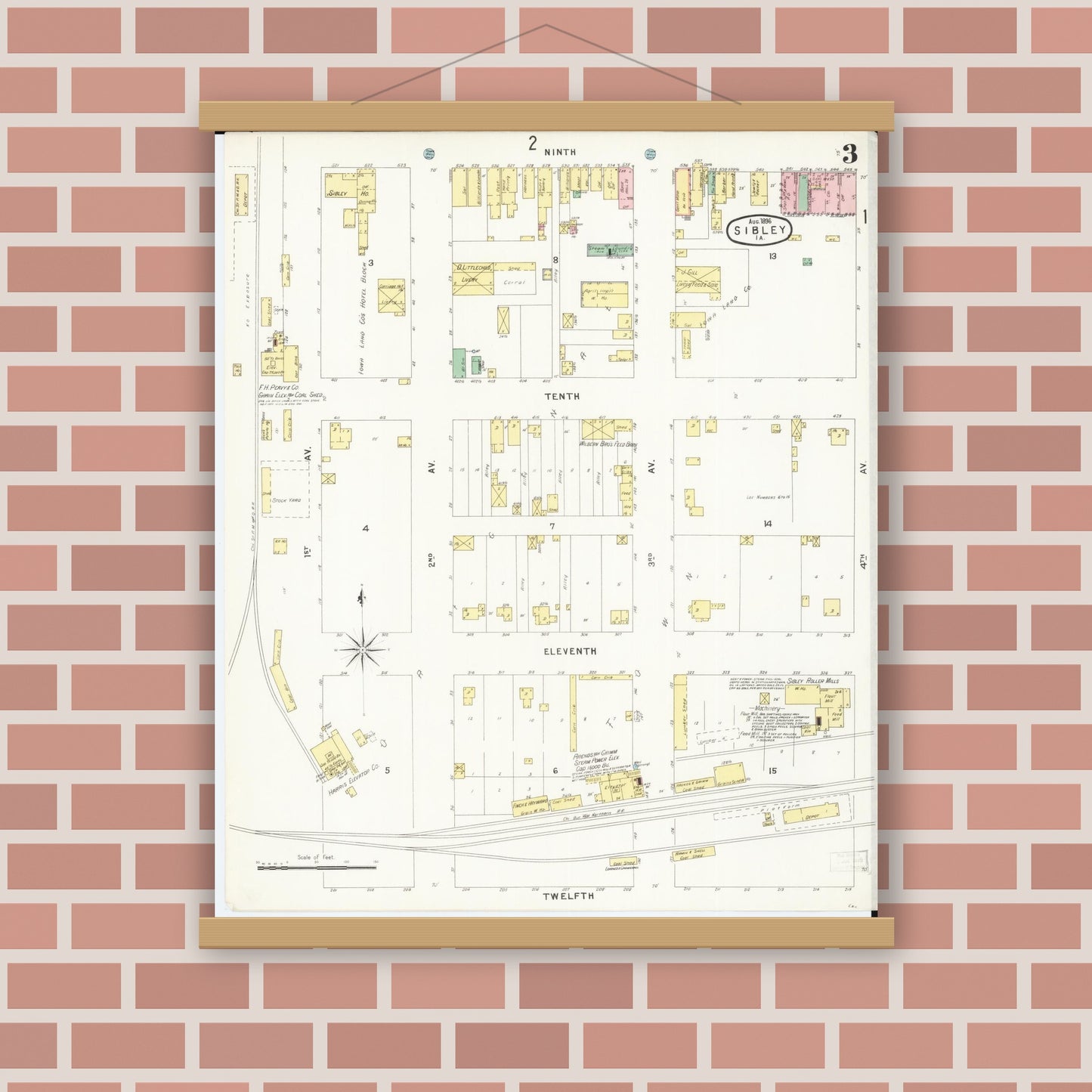 Old map wall art mockup — magnetic wood frame on brick wall — Sanborn Fire Insurance Map from Sibley, Osceola County, Iowa (1896), Sheet #0003