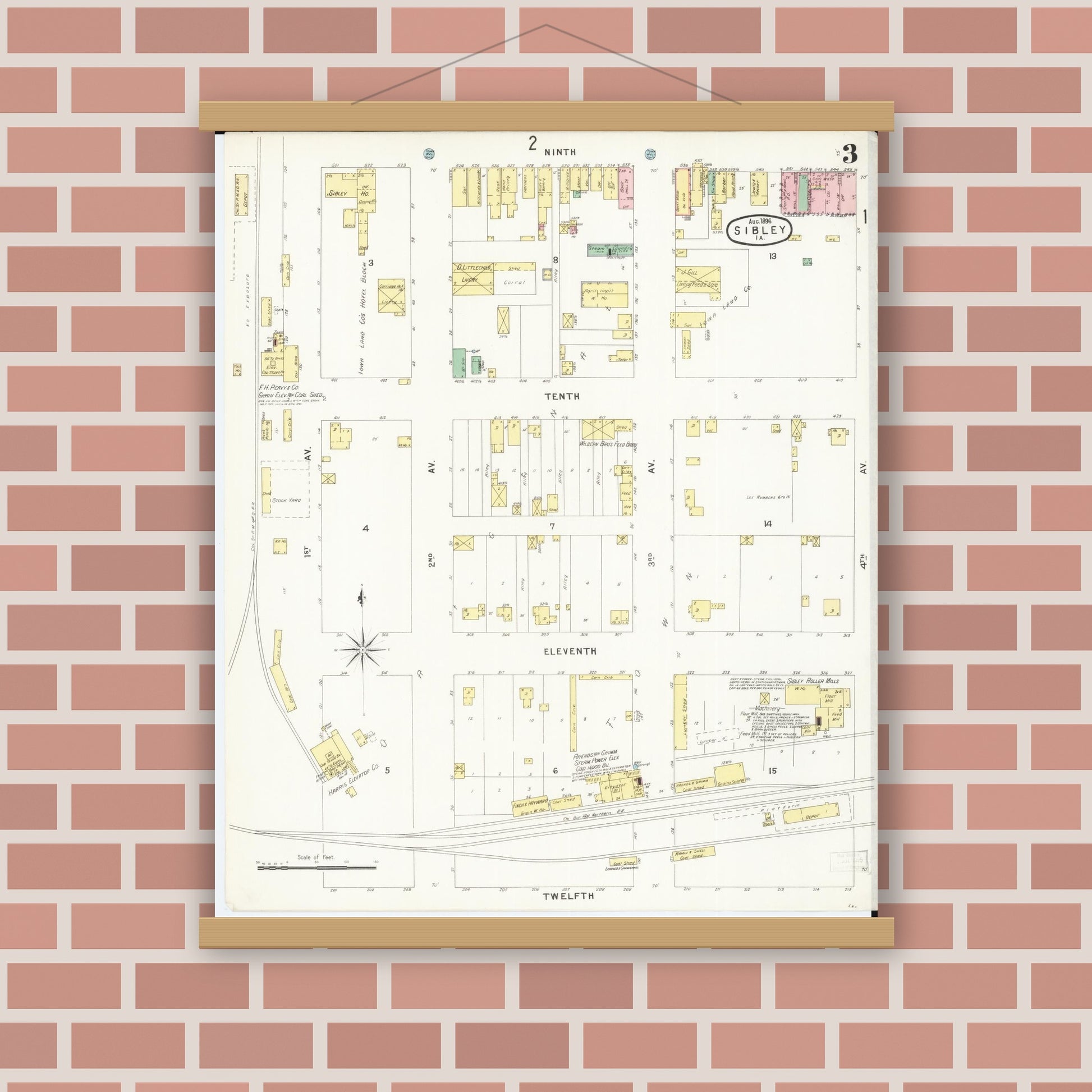 Old map wall art mockup — magnetic wood frame on brick wall — Sanborn Fire Insurance Map from Sibley, Osceola County, Iowa (1896), Sheet #0003