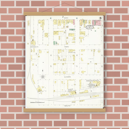 Old map wall art mockup — magnetic wood frame on brick wall — Sanborn Fire Insurance Map from Sibley, Osceola County, Iowa (1896), Sheet #0003