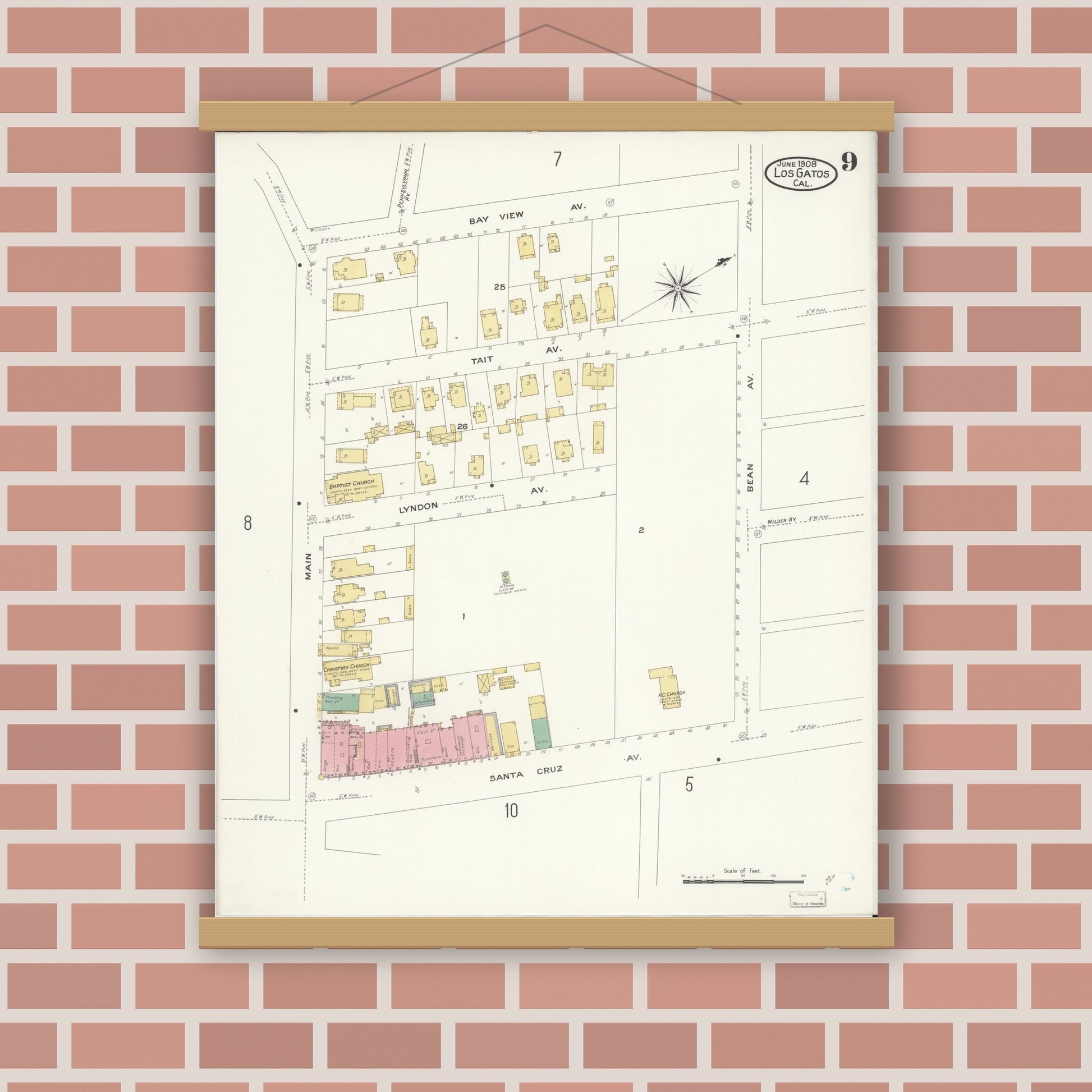 Old map wall art mockup — magnetic wood frame on brick wall — Sanborn Fire Insurance Map from Los Gatos, Santa Clara County, California (1908), Sheet #0009