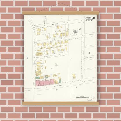 Old map wall art mockup — magnetic wood frame on brick wall — Sanborn Fire Insurance Map from Los Gatos, Santa Clara County, California (1908), Sheet #0009
