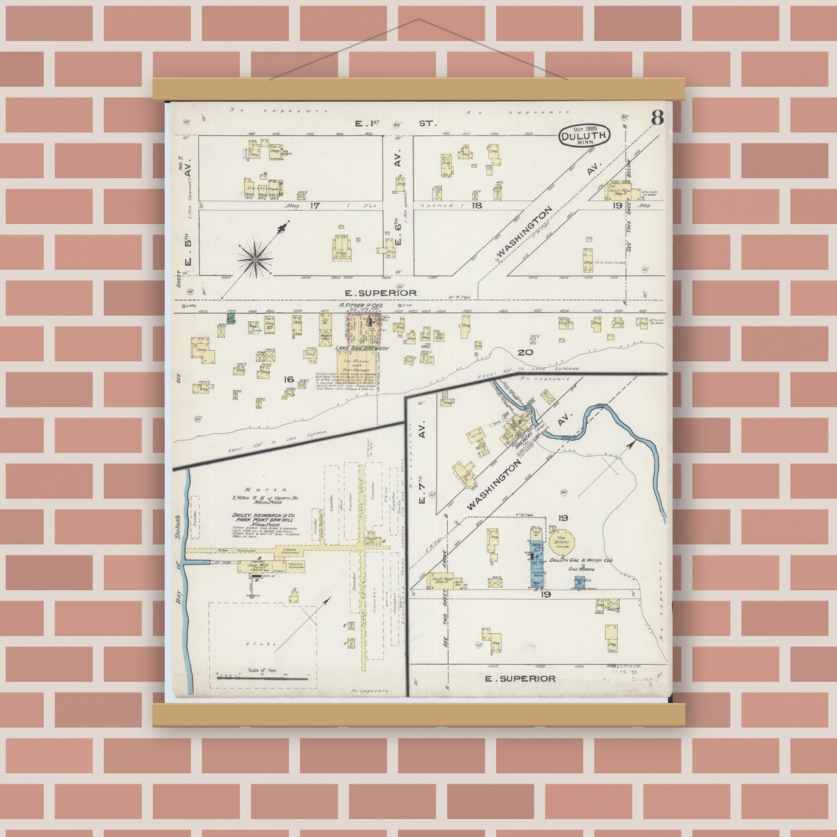 Old map wall art mockup — magnetic wood frame on brick wall — Sanborn Fire Insurance Map from Duluth, Saint Louis County, Minnesota (1885), Sheet #0008