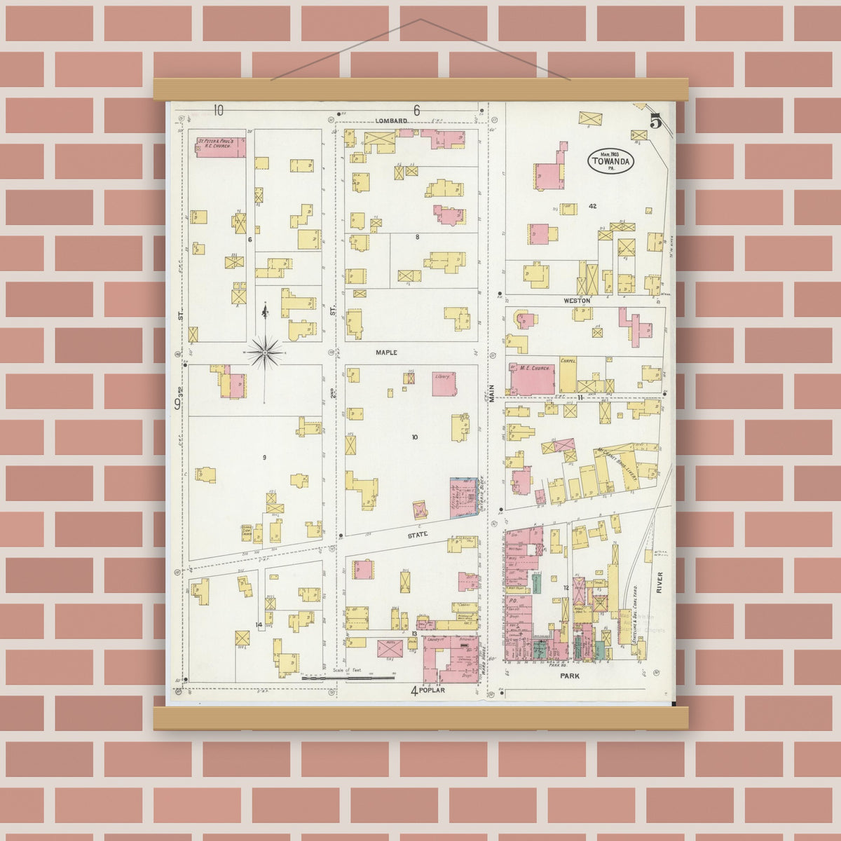 Old map wall art mockup — magnetic wood frame on brick wall — Sanborn Fire Insurance Map from Towanda, Bradford County, Pennsylvania (1903), Sheet #0005