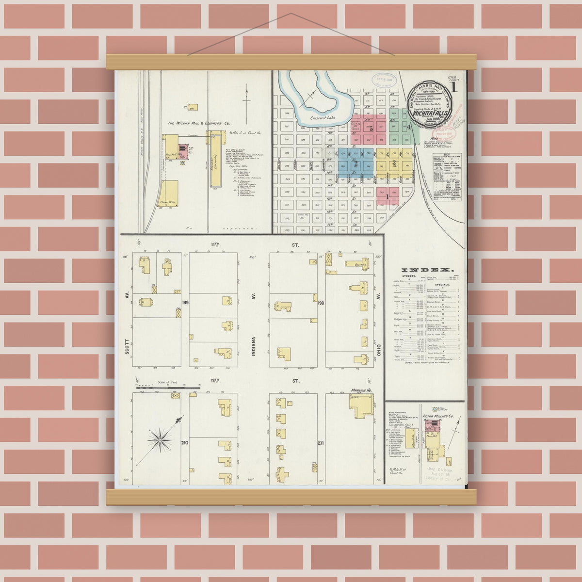 Old map wall art mockup — magnetic wood frame on brick wall — Sanborn Fire Insurance Map from Wichita Falls, Wichita County, Texas (1898) - Complete Map Set