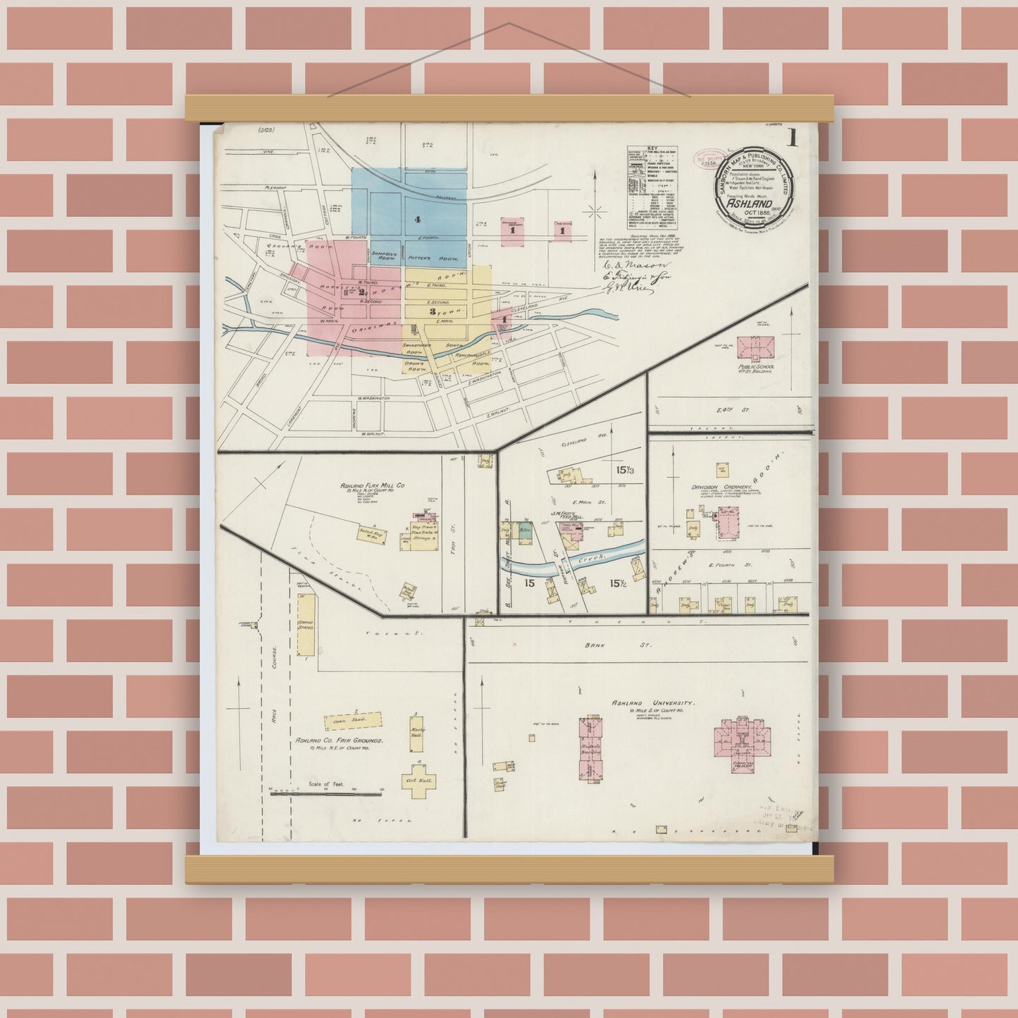 Old map wall art mockup — magnetic wood frame on brick wall — Sanborn Fire Insurance Map from Ashland, Ashland County, Ohio (1888) - Complete Map Set